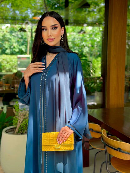 LAM211 –  Blue Teal abaya in airy Nada crepe