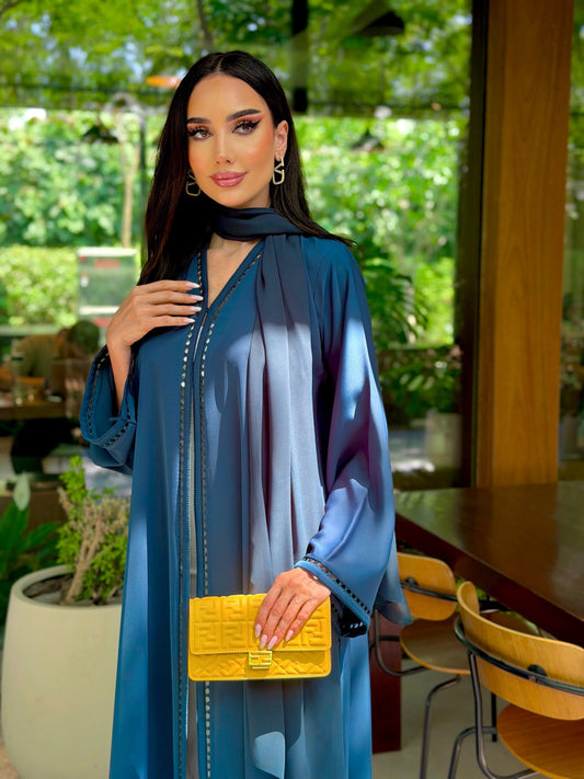 LAM211 –  Blue Teal abaya in airy Nada crepe