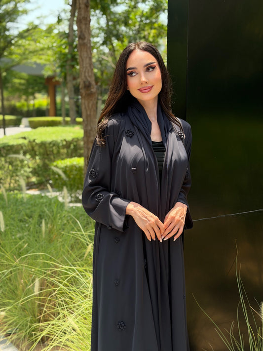 LAM202 – Navy blue A line abaya in airy Nada fabric with delicate handwork - Image 1