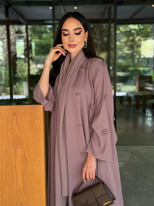 LAM204 – Dusty mauve A-line abaya in airy Nada fabric with delicate handwork - Image 1