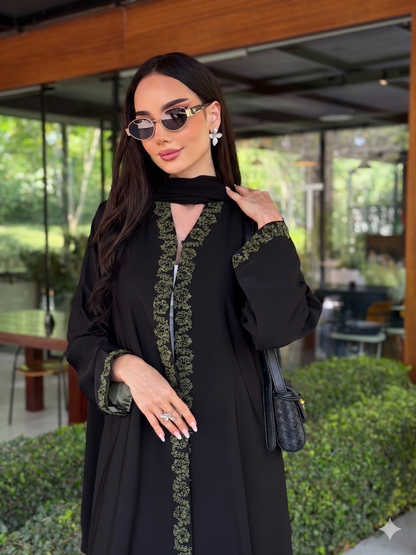 Code LAM222 -  A-cut crepe abaya with refined handwork details