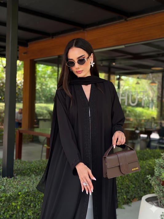 Code LAM221 - A-cut black crepe abaya designed for daily wear and work