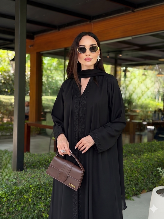 Code LAM221 - A-cut black crepe abaya designed for daily wear and work