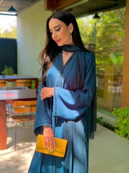 LAM211 –  Blue Teal abaya in airy Nada crepe