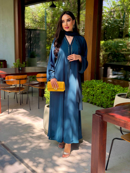 LAM211 –  Blue Teal abaya in airy Nada crepe