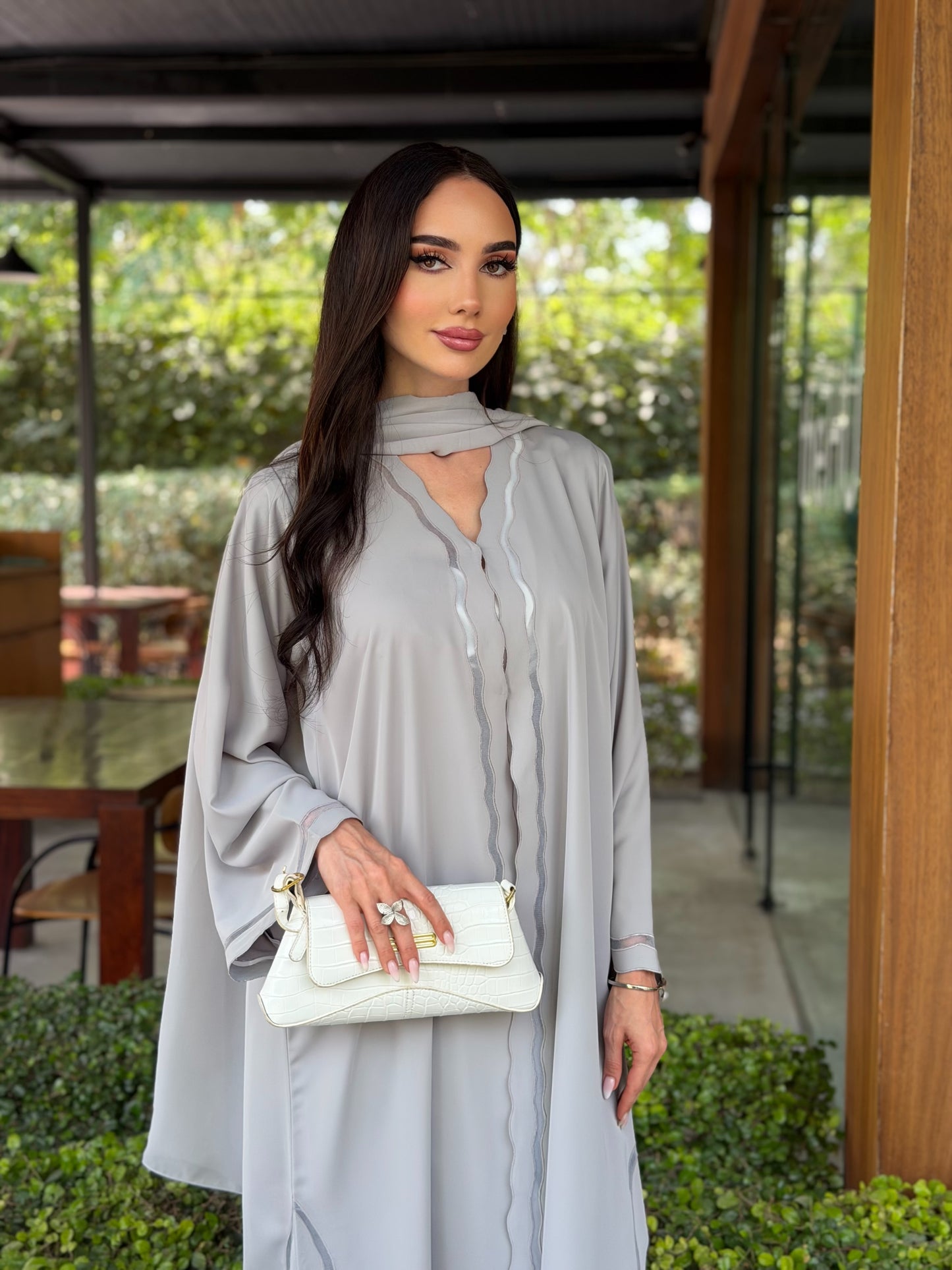 LAM214 – Flowy mist gray abaya in light Nada crepe