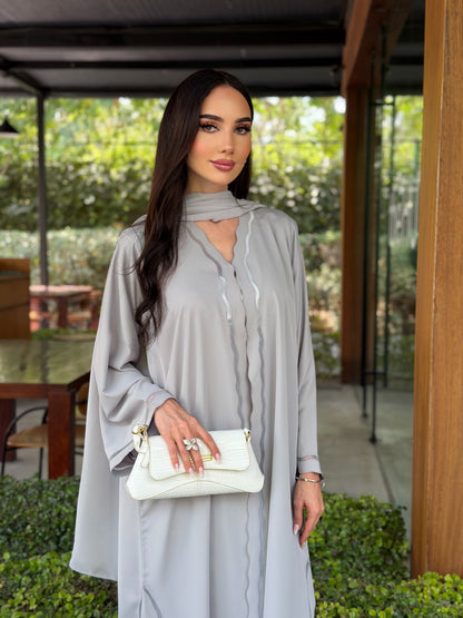 LAM214 – Flowy mist gray abaya in light Nada crepe