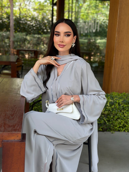 LAM214 – Flowy mist gray abaya in light Nada crepe