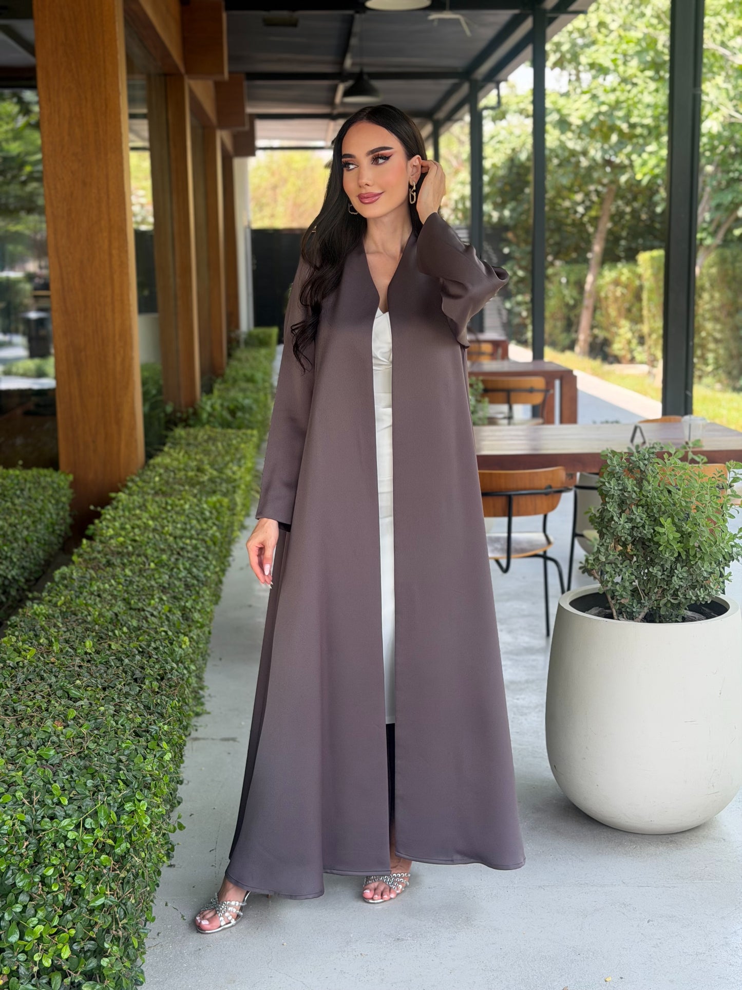 LAM210 –  Mocha cloche  cut abaya in premium German crepe