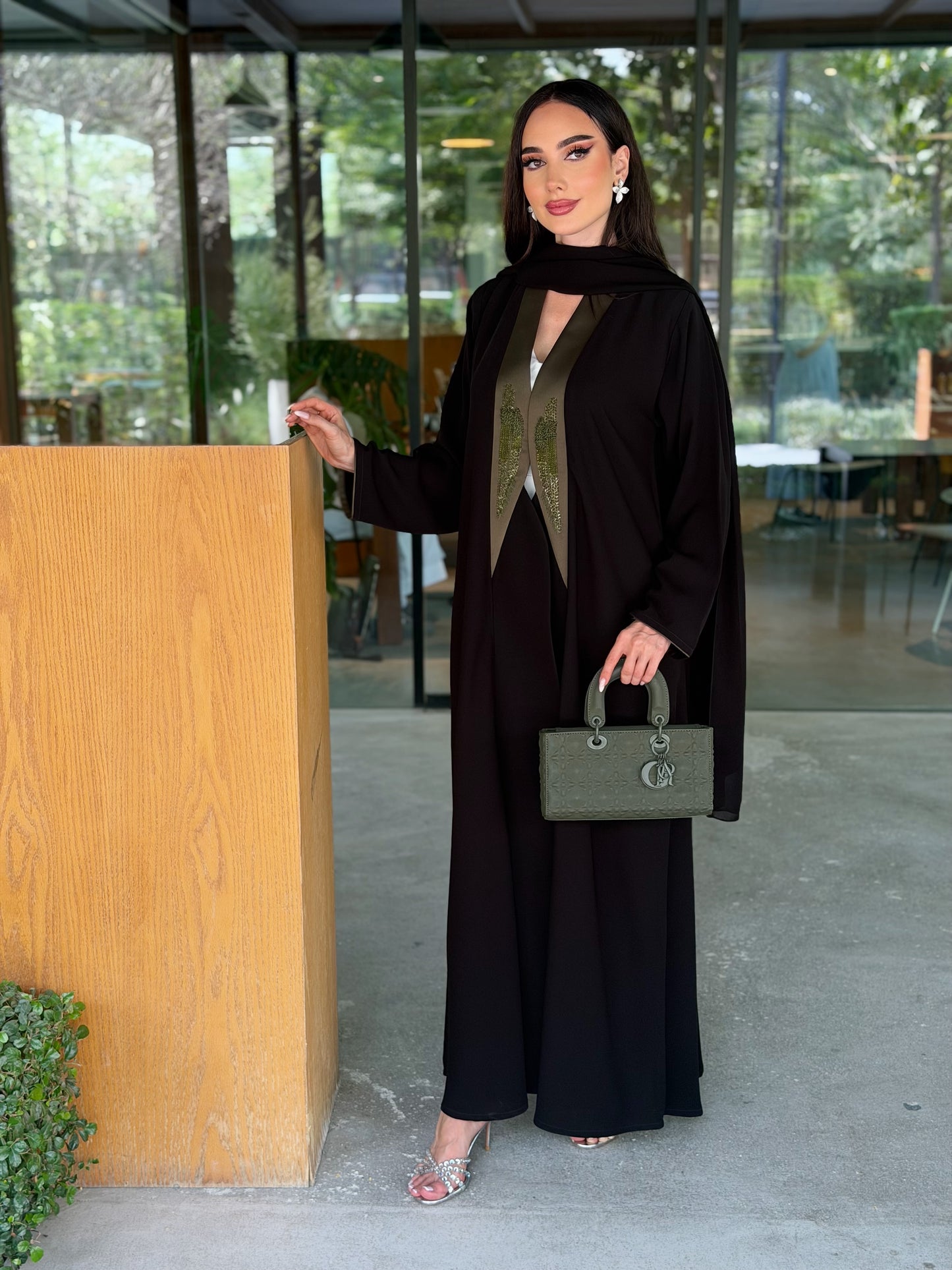 Code LAM218 - Classic black crepe abaya with a graceful open-front design