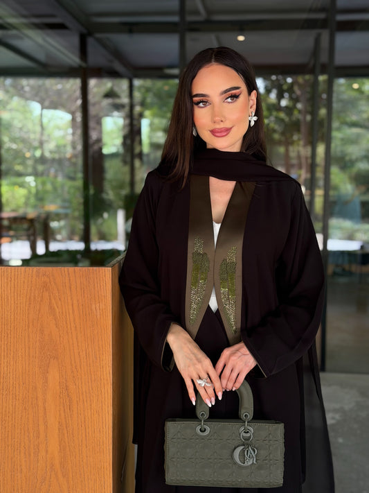 Code LAM218 - Classic black crepe abaya with a graceful open-front design