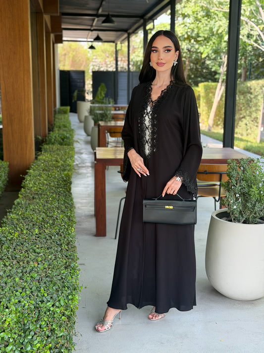 Code LAM219 - black crepe abaya with intricate lace handwork