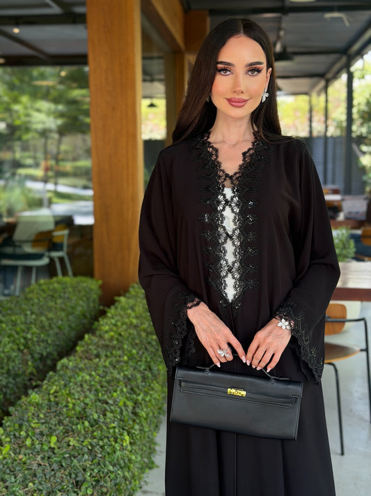 Code LAM219 - black crepe abaya with intricate lace handwork