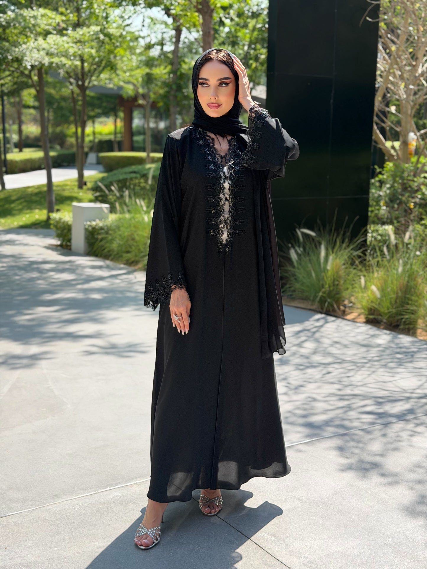 Code LAM219 - black crepe abaya with intricate lace handwork