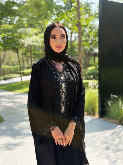 Code LAM219 - black crepe abaya with intricate lace handwork