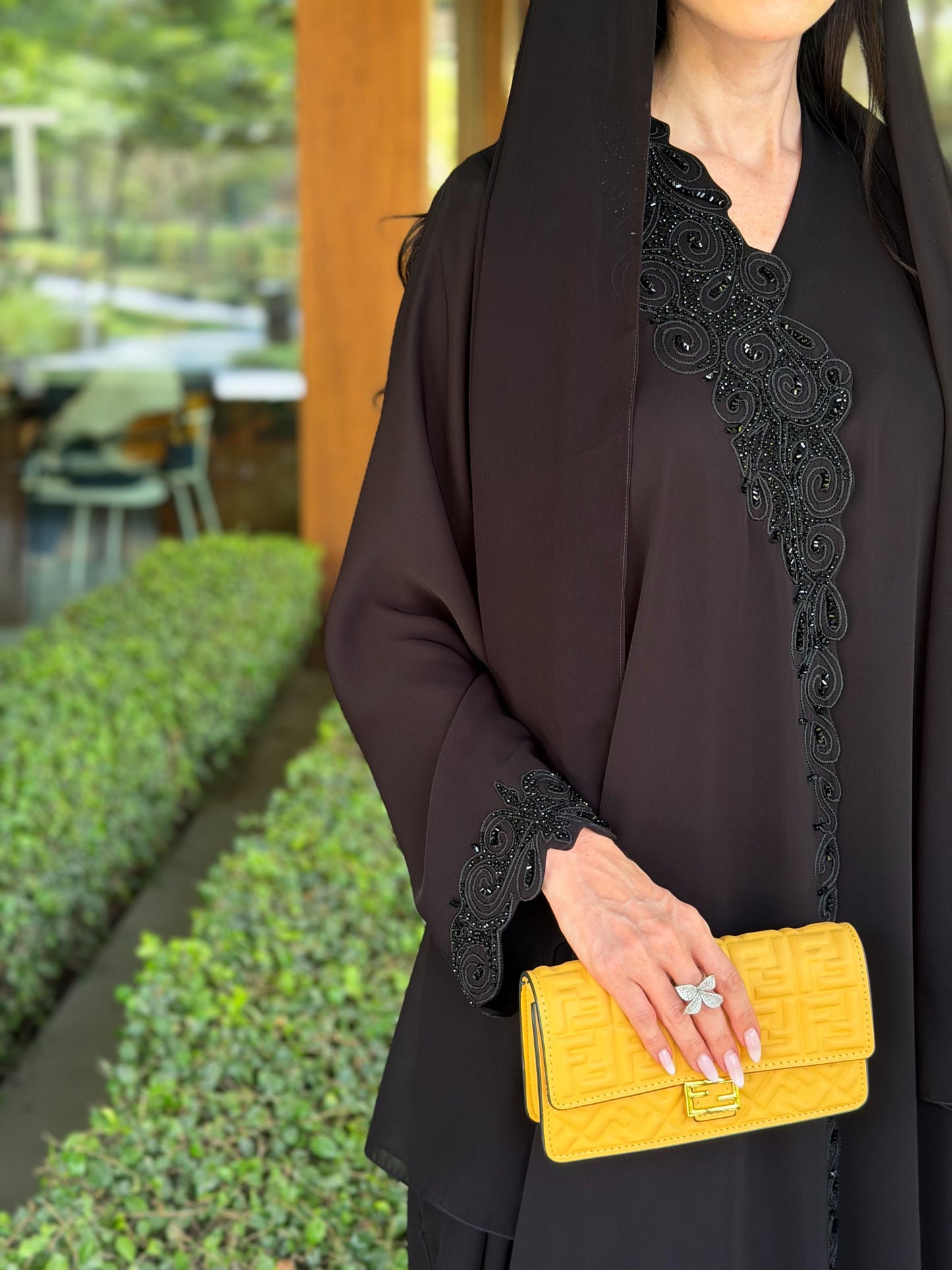 Code LAM220 - black crepe abaya with intricate handwork detailin