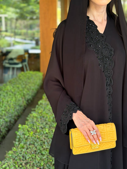 Code LAM220 - black crepe abaya with intricate handwork detailin
