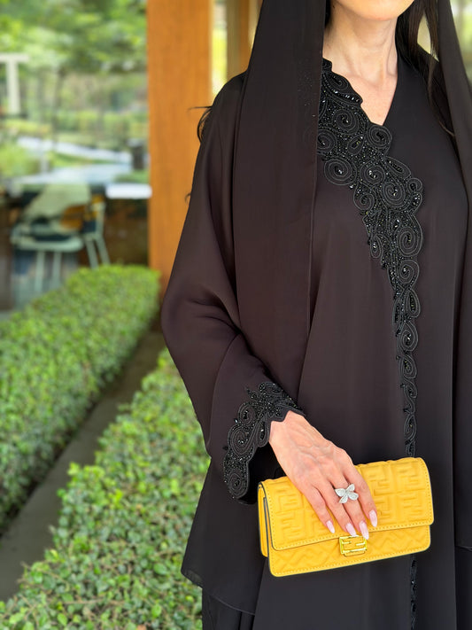 Code LAM220 - black crepe abaya with intricate handwork detailin