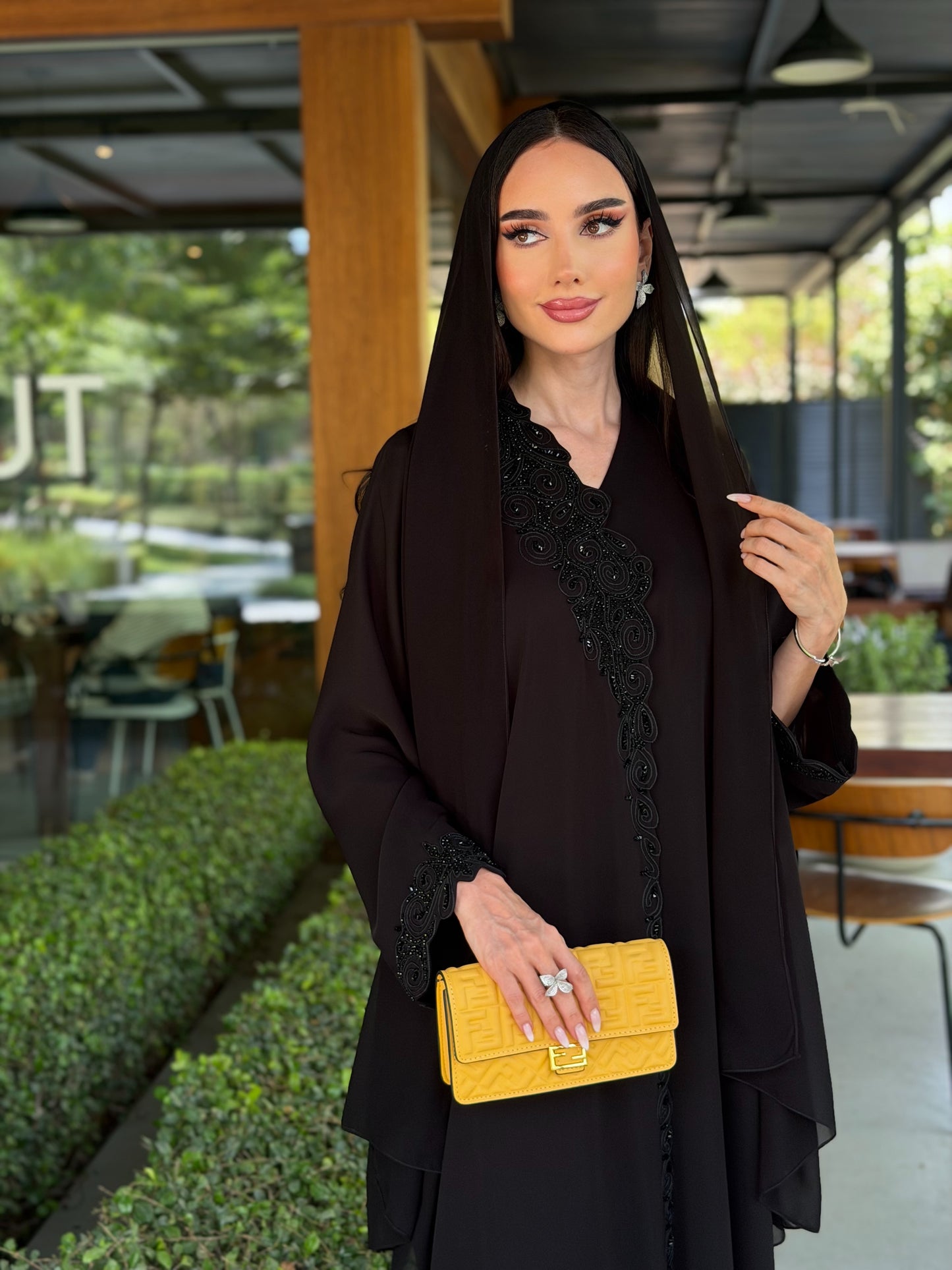 Code LAM220 - black crepe abaya with intricate handwork detailin