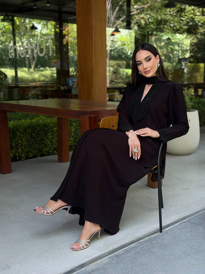 Code LAM223 - Luxury black crepe abaya with intricate hand-embellished