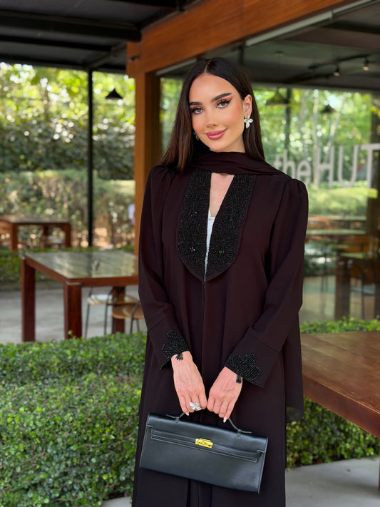 Code LAM223 - Luxury black crepe abaya with intricate hand-embellished