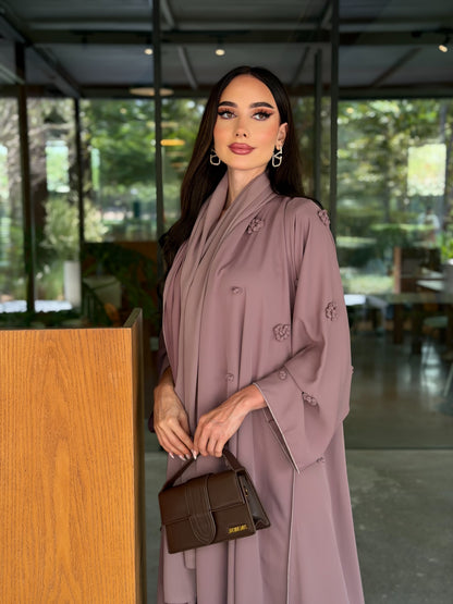 LAM204 – Dusty mauve A-line abaya in airy Nada fabric with delicate handwork - Image 4