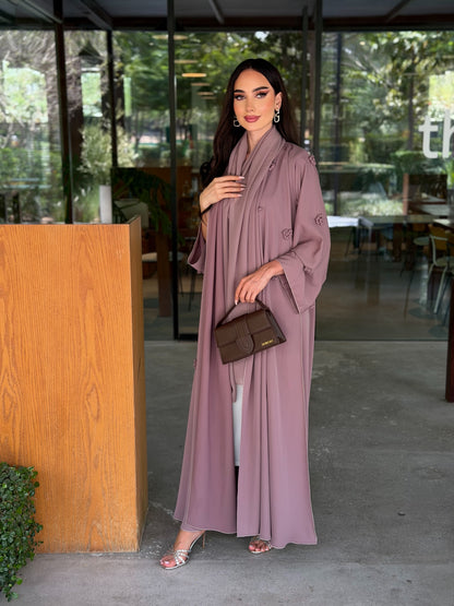 LAM204 – Dusty mauve A-line abaya in airy Nada fabric with delicate handwork - Image 2