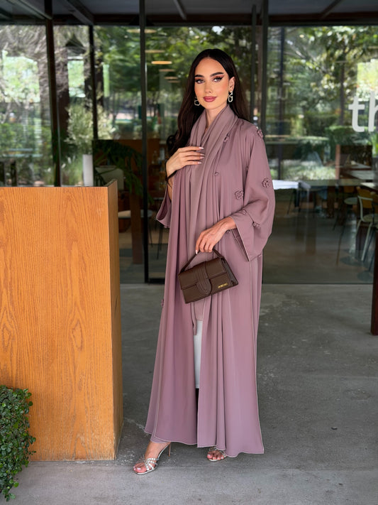 LAM204 – Dusty mauve A-line abaya in airy Nada fabric with delicate handwork - Image 2