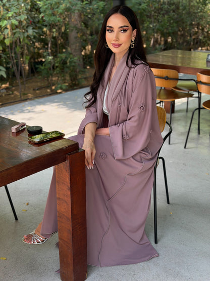 LAM204 – Dusty mauve A-line abaya in airy Nada fabric with delicate handwork - Image 3