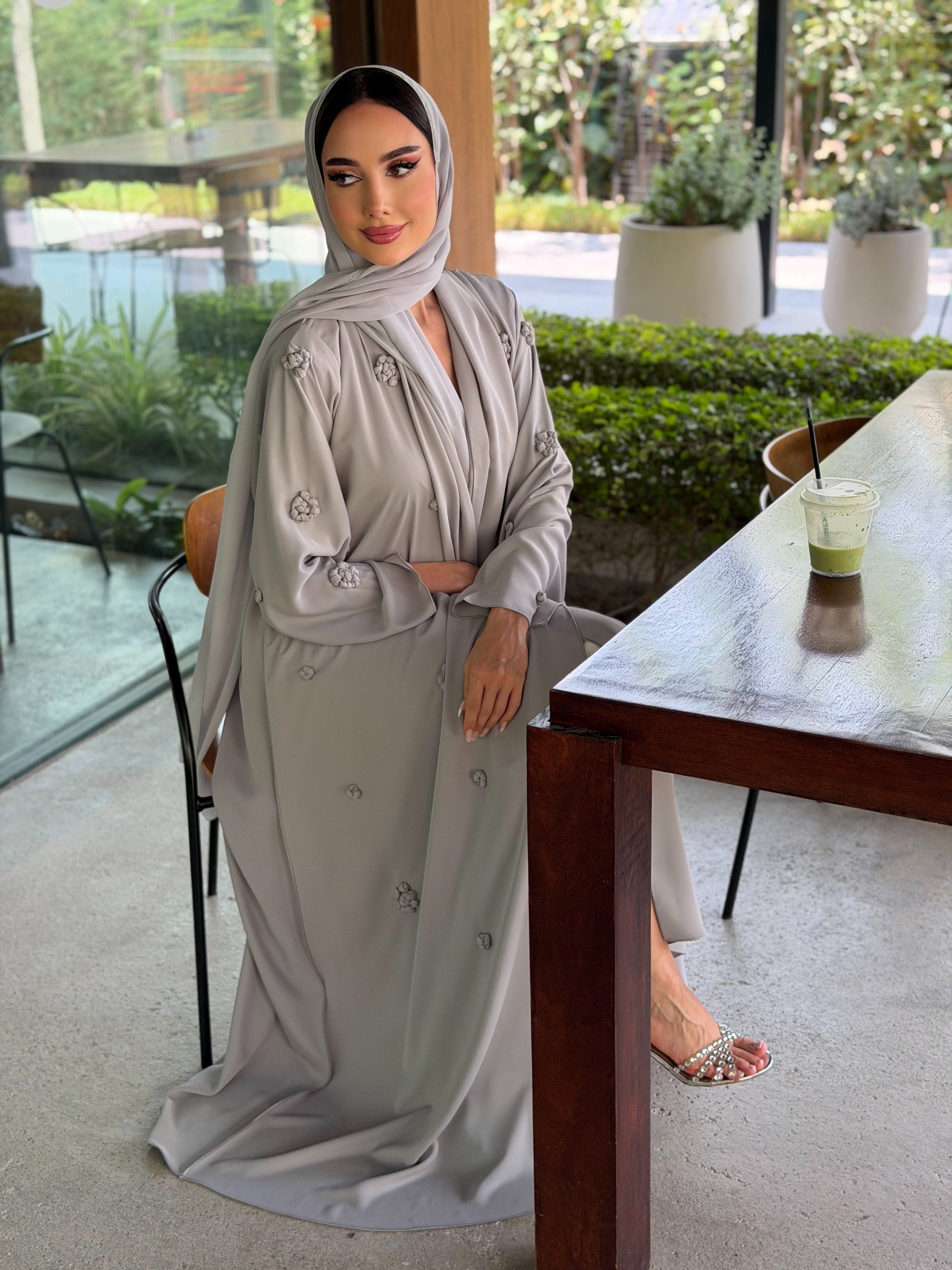 LAM203 – Soft grey A-line abaya in flowy Nada fabric, detailed with delicate - Image 2