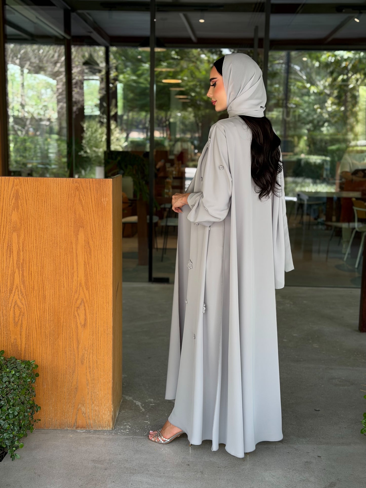 LAM203 – Soft grey A-line abaya in flowy Nada fabric, detailed with delicate - Image 3