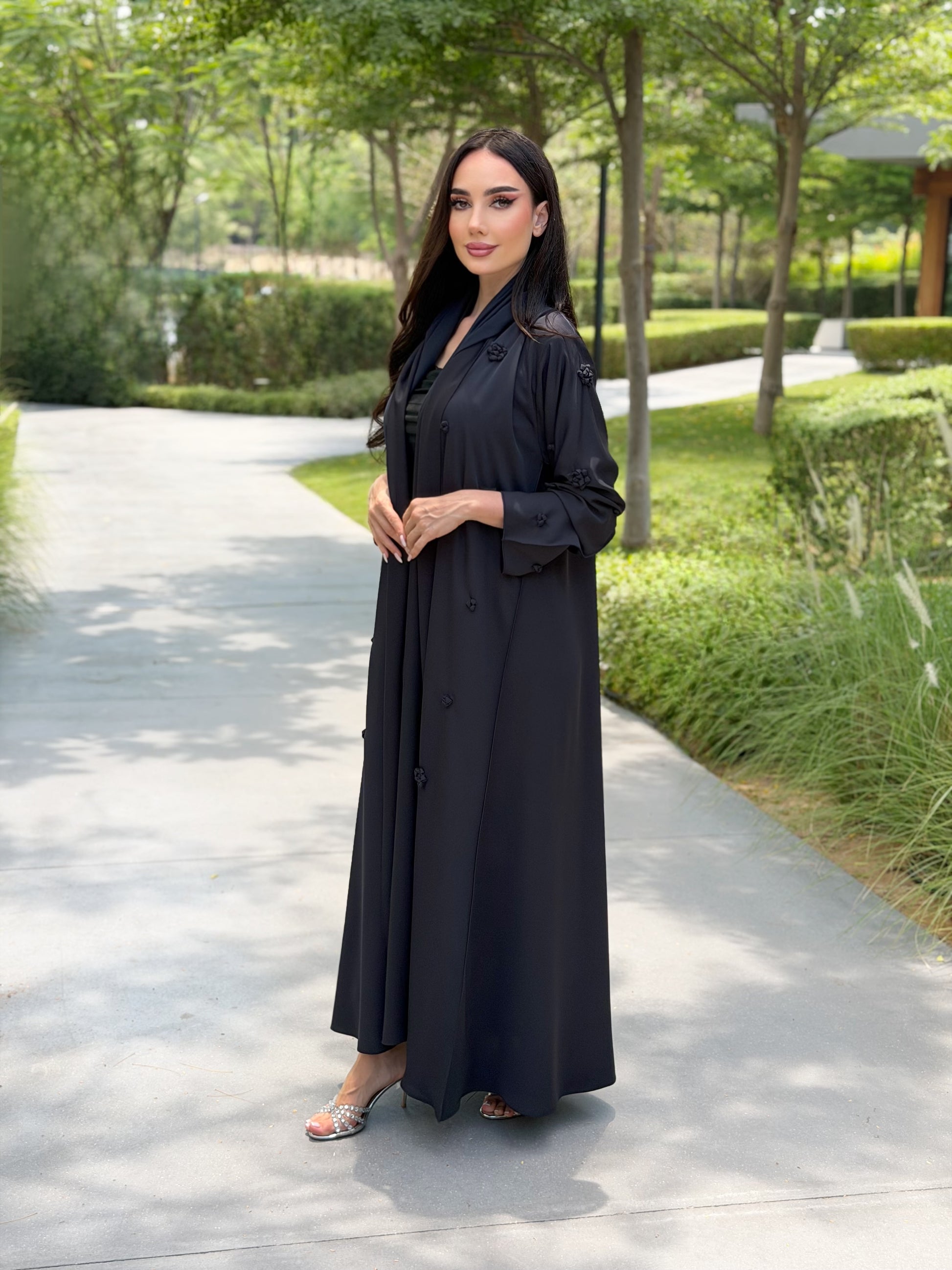LAM202 – Navy blue A line abaya in airy Nada fabric with delicate handwork - Image 4