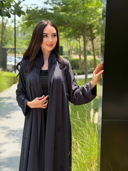 LAM202 – Navy blue A line abaya in airy Nada fabric with delicate handwork - Image 3