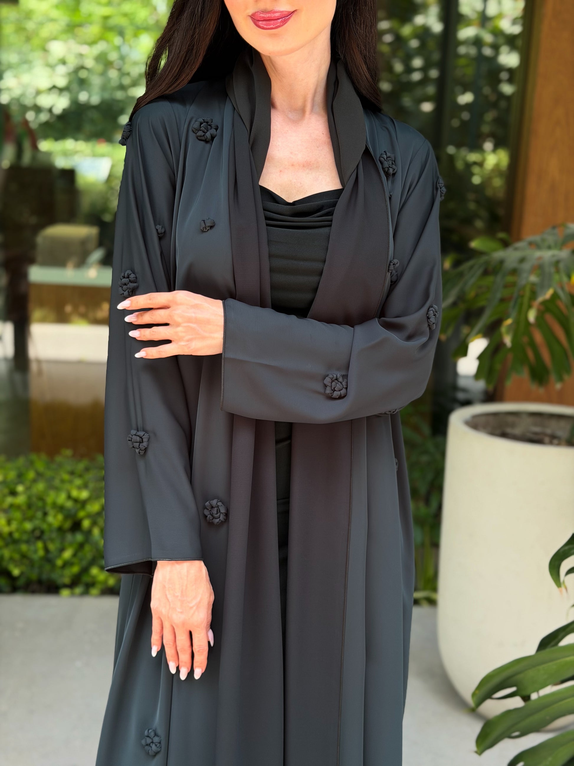 LAM201 – Modern Black abaya in airy Nada fabric with delicate handwork details - Image 3