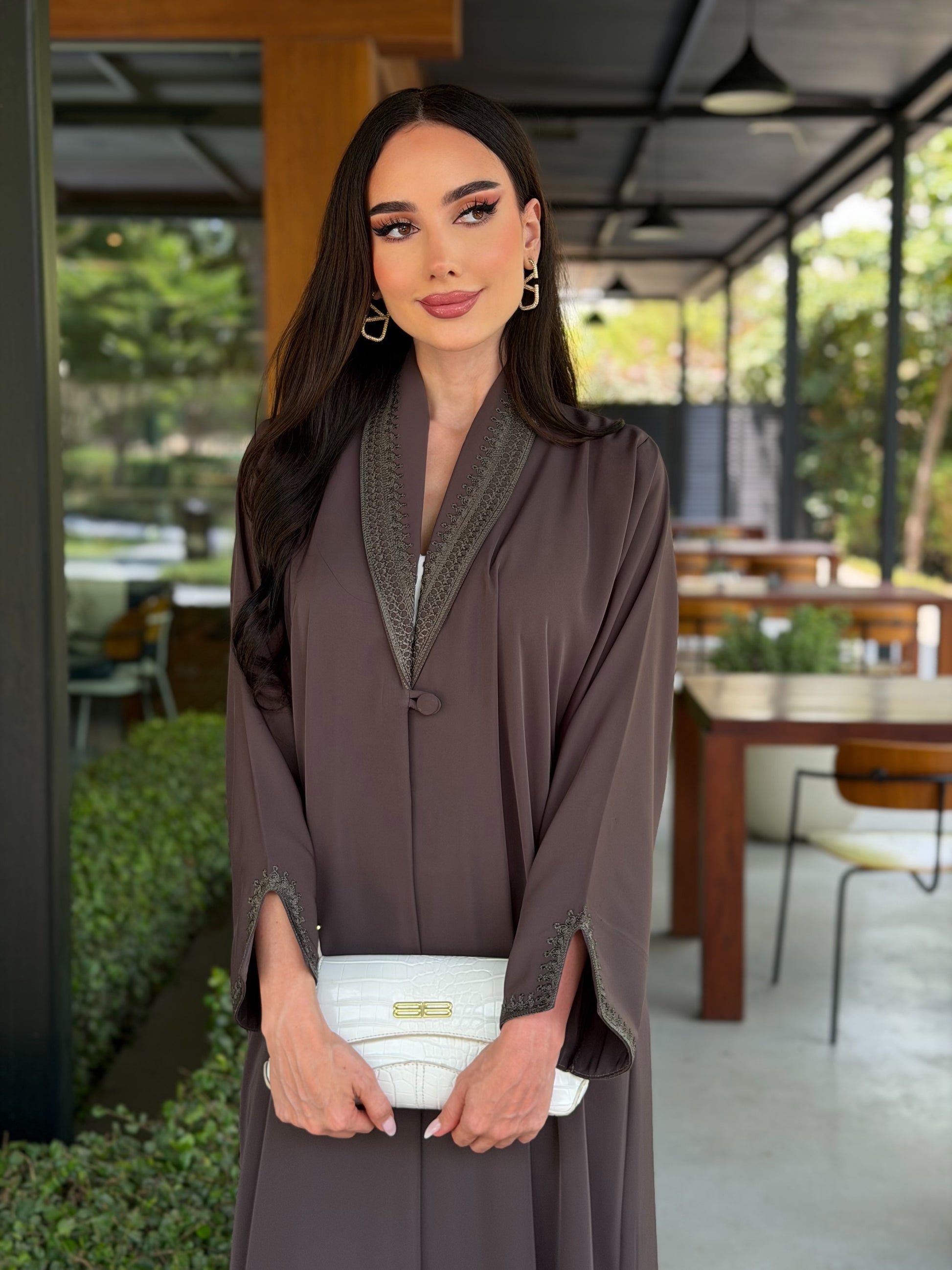 LAM205 – A-line abaya in airy Nada fabric with elegant Moroccan handwork - Image 3