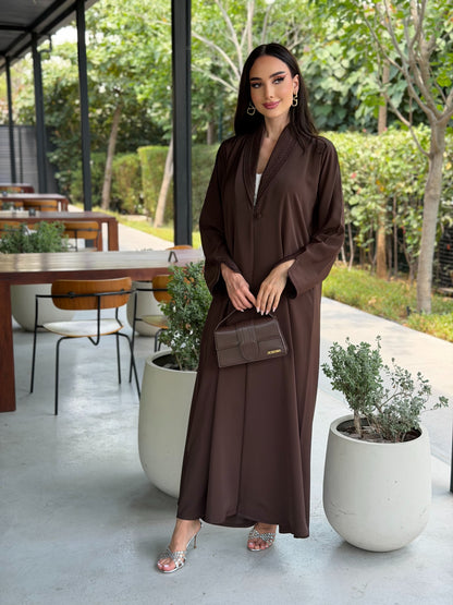 LAM206 – Brown A-line abaya in light Nada fabric with elegant Moroccan handwork