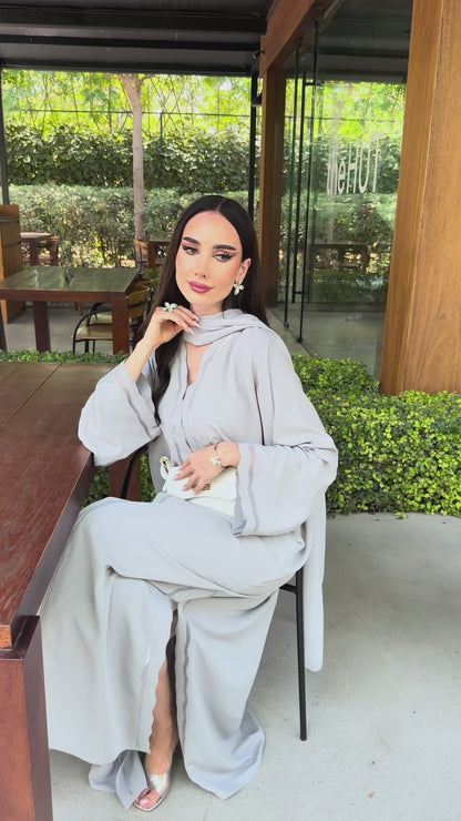 LAM214 – Flowy mist gray abaya in light Nada crepe