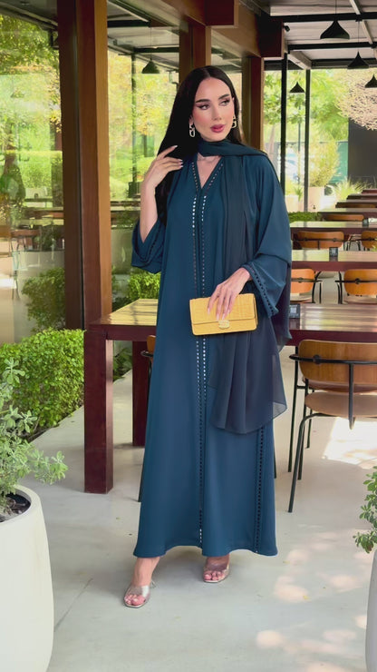 LAM211 –  Blue Teal abaya in airy Nada crepe