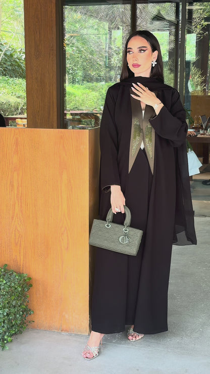 Code LAM218 - Classic black crepe abaya with a graceful open-front design