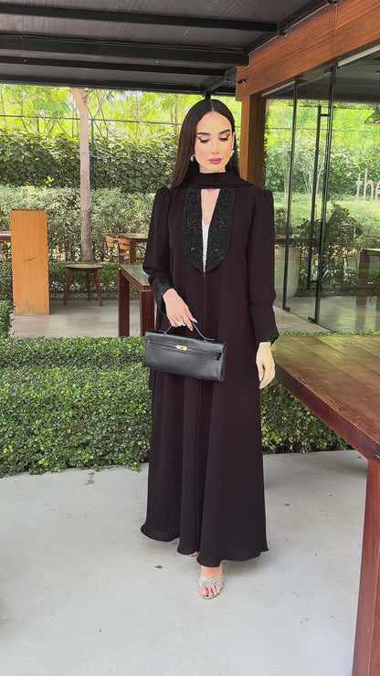 Code LAM223 - Luxury black crepe abaya with intricate hand-embellished