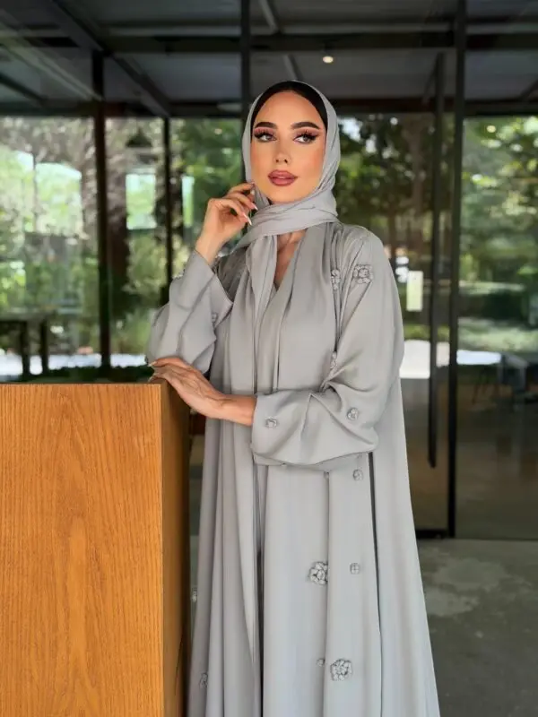 LAM203 – Soft grey A-line abaya in flowy Nada fabric