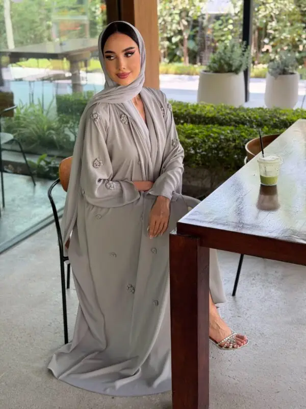 LAM203 – Soft grey A-line abaya in flowy Nada fabric