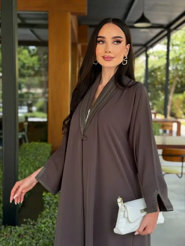 LAM205 – Mocha A-line abaya in airy Nada fabric with elegant Moroccan handwork