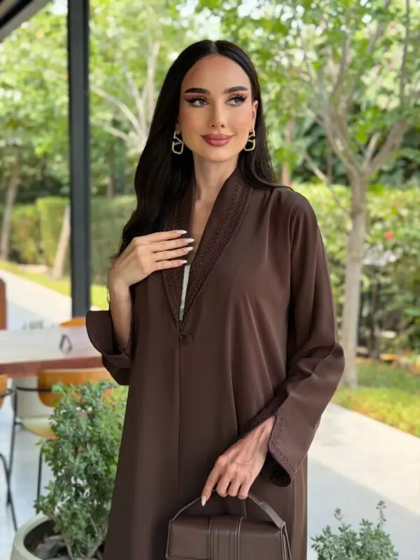 LAM206 – Brown A-line abaya in light Nada fabric with elegant Moroccan handwork